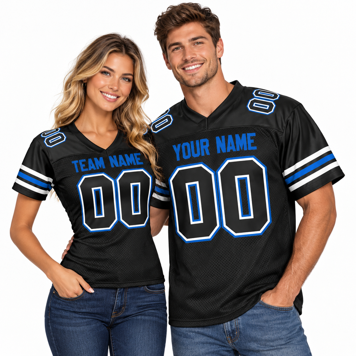 Custom Football Jersey with Name & Number – Black Blue White