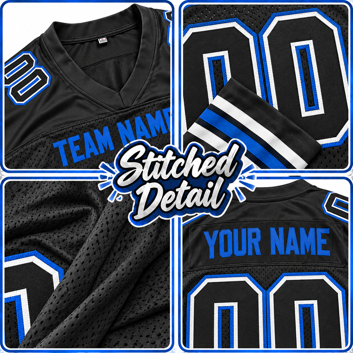 Custom Football Jersey with Name & Number – Black Blue White