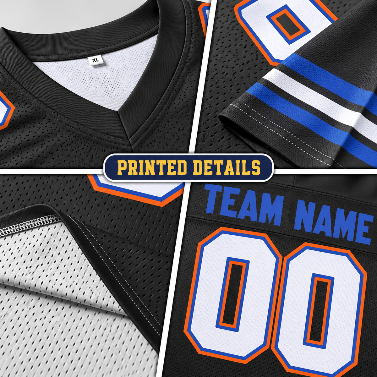 Custom Football Jersey with Name & Number – Black White Blue Orange