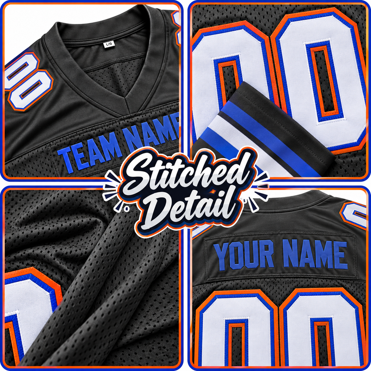 Custom Football Jersey with Name & Number – Black White Blue Orange