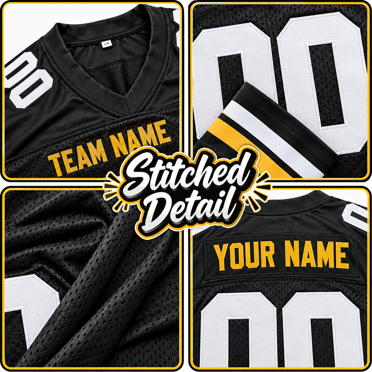 Custom Football Jersey with Name & Number – Black White Gold