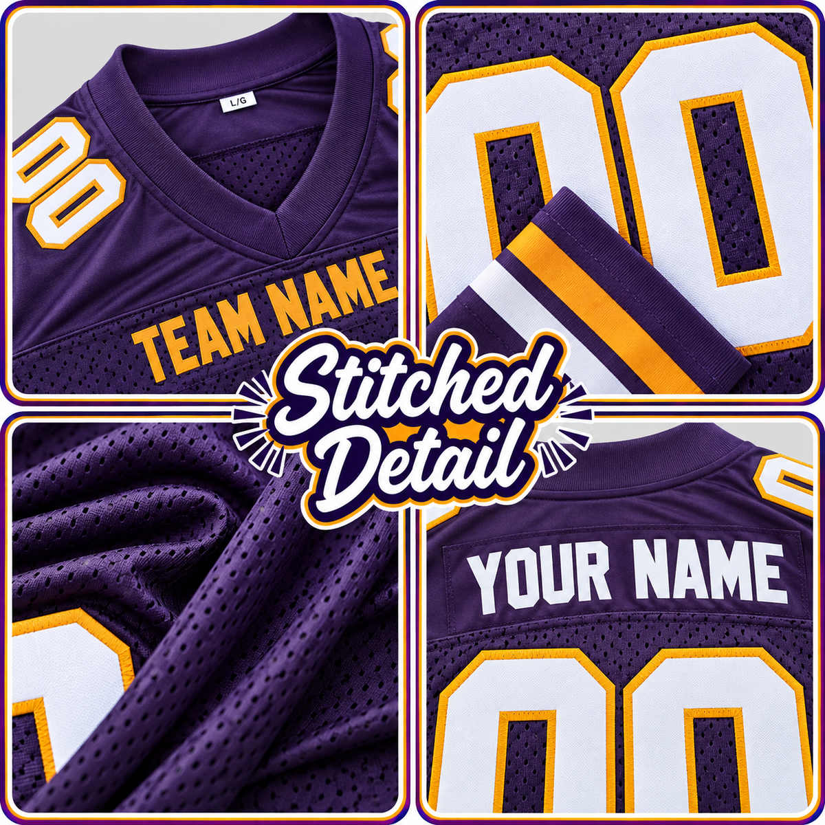 Custom Football Jersey with Name & Number – Purple White Gold
