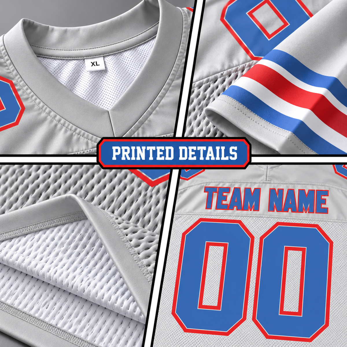 Custom Football Jersey with Name & Number – White Blue Red
