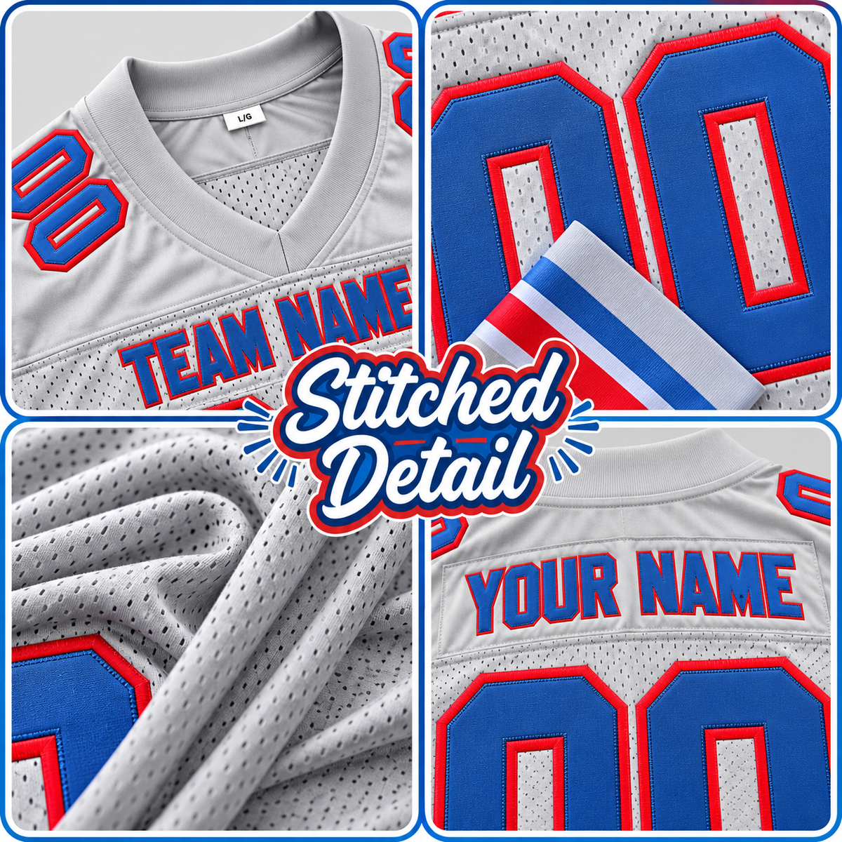 Custom Football Jersey with Name & Number – White Blue Red