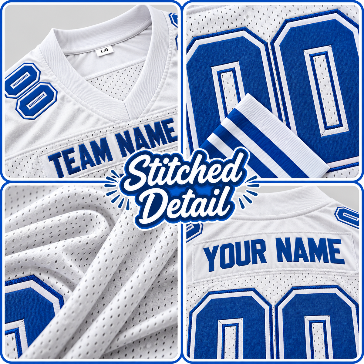 Custom Football Jersey with Name & Number – White Blue