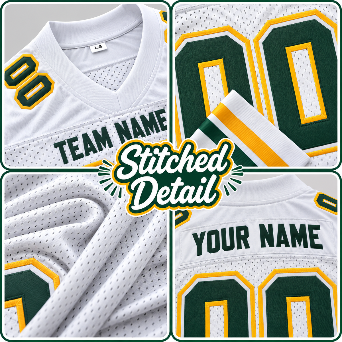 Custom Football Jersey with Name & Number – White Green Gold