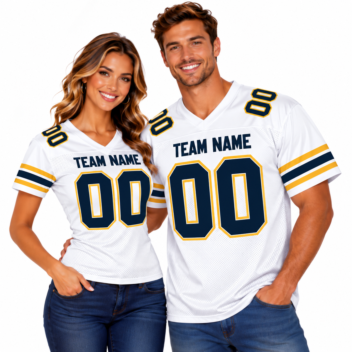 Custom Football Jersey with Name & Number – White Navy Gold