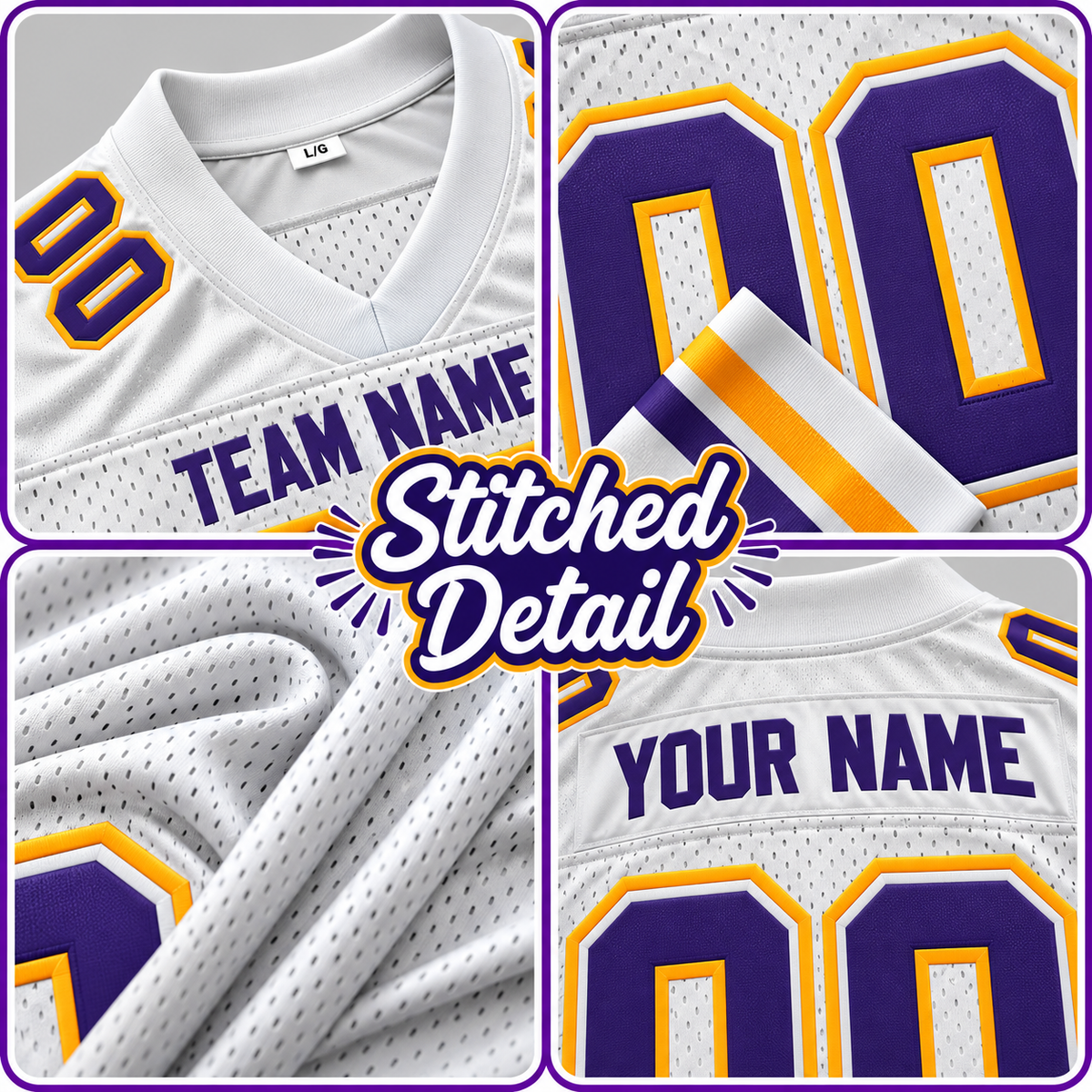Custom Football Jersey with Name & Number – White Purple Gold