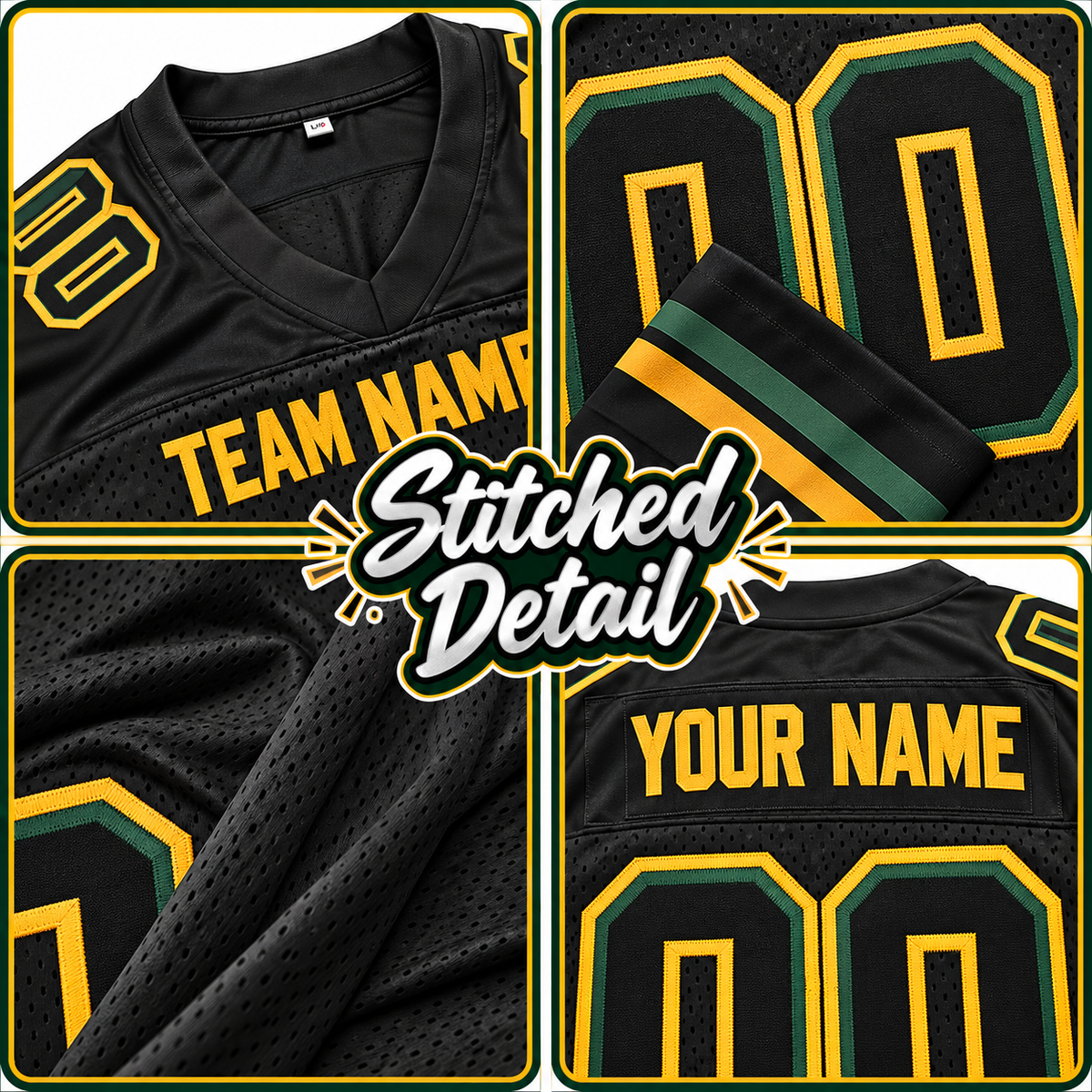 Custom Football Jersey with Name & Number – Black Gold Green
