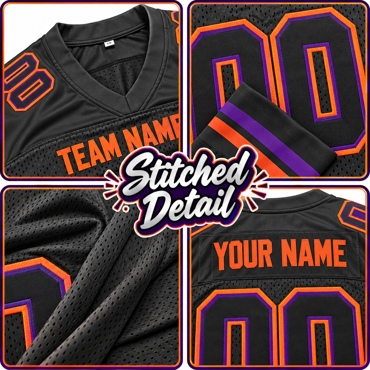 Custom Football Jersey with Name & Number – Black Orange Purple