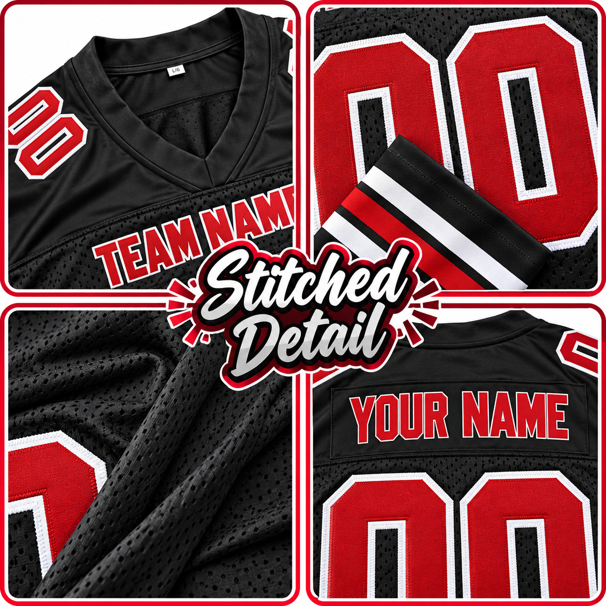 Custom Football Jersey with Name & Number – Black Red White