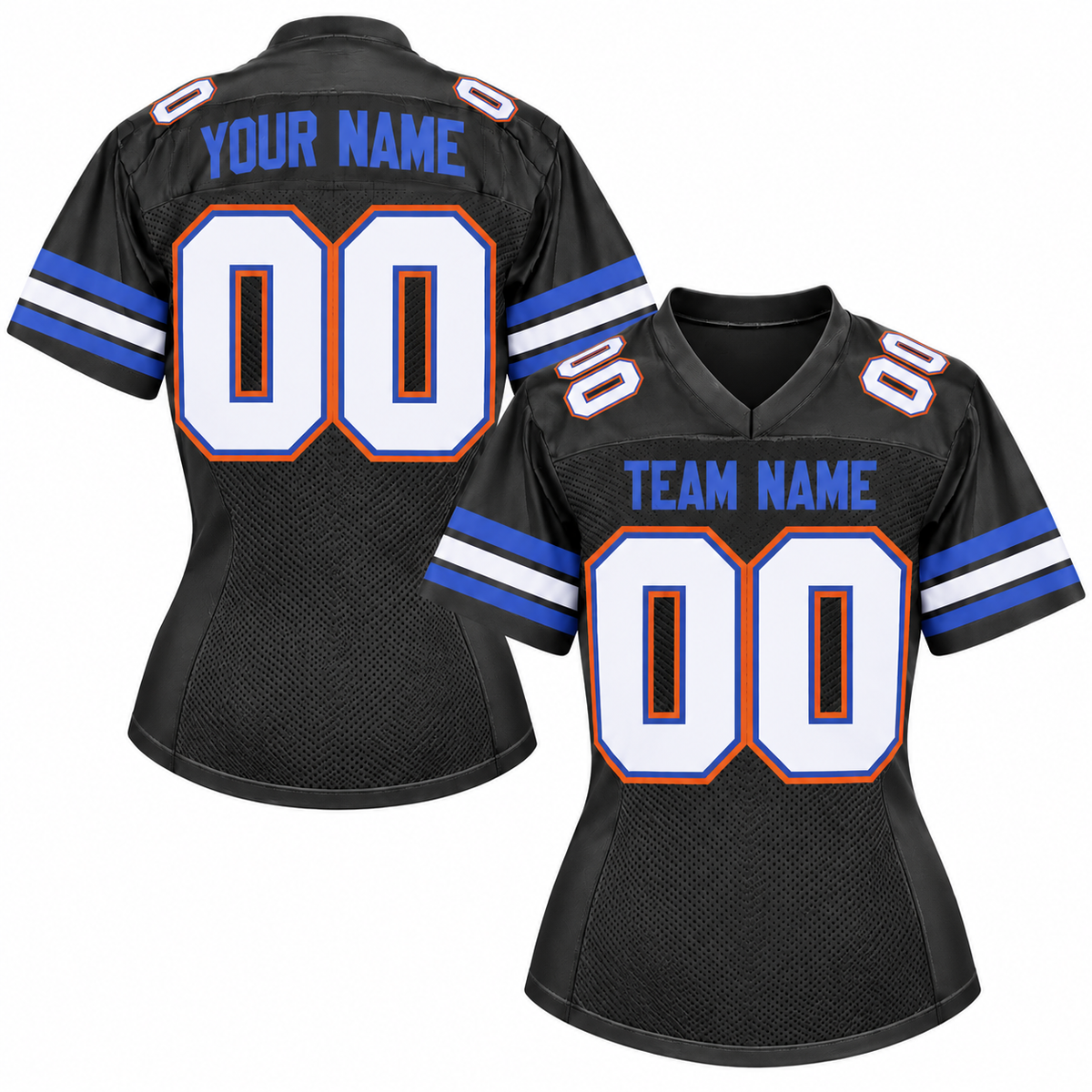 Custom Football Jersey with Name & Number – Black White Blue Orange