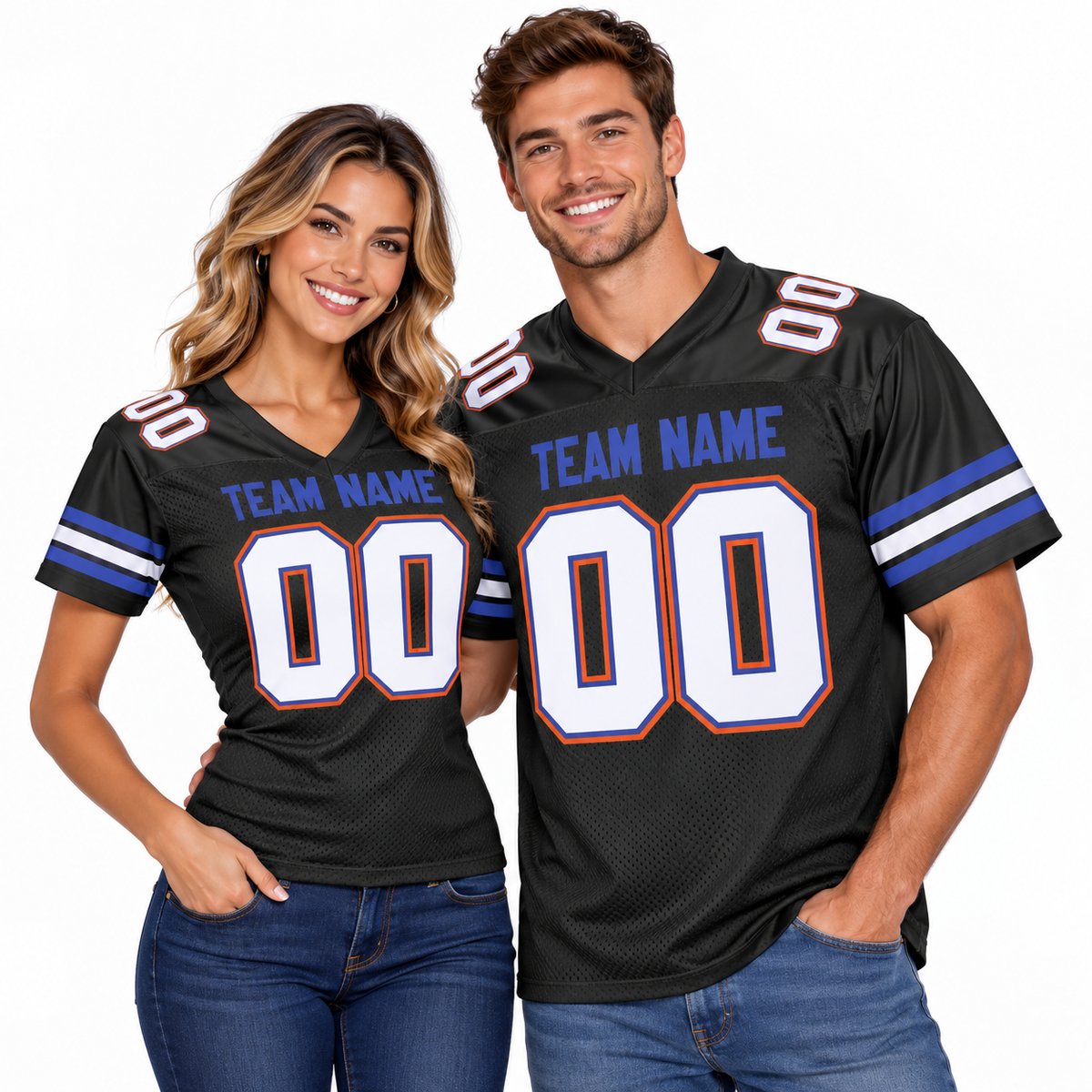 Custom Football Jersey with Name & Number – Black White Blue Orange