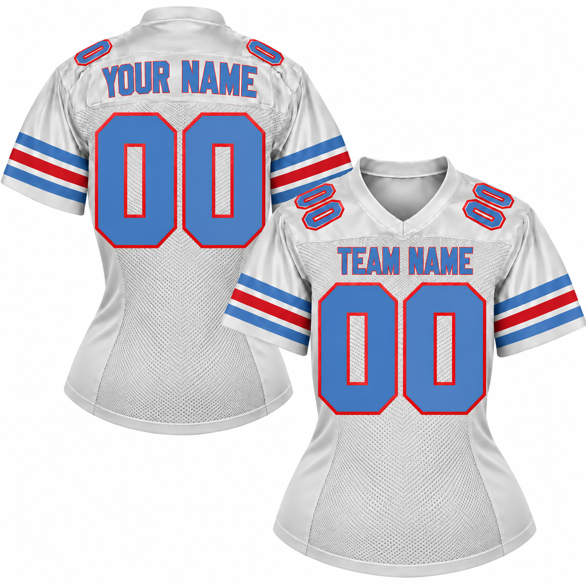 Custom Football Jersey with Name & Number – White Blue Red