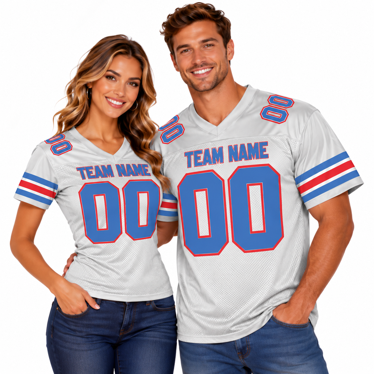 Custom Football Jersey with Name & Number – White Blue Red