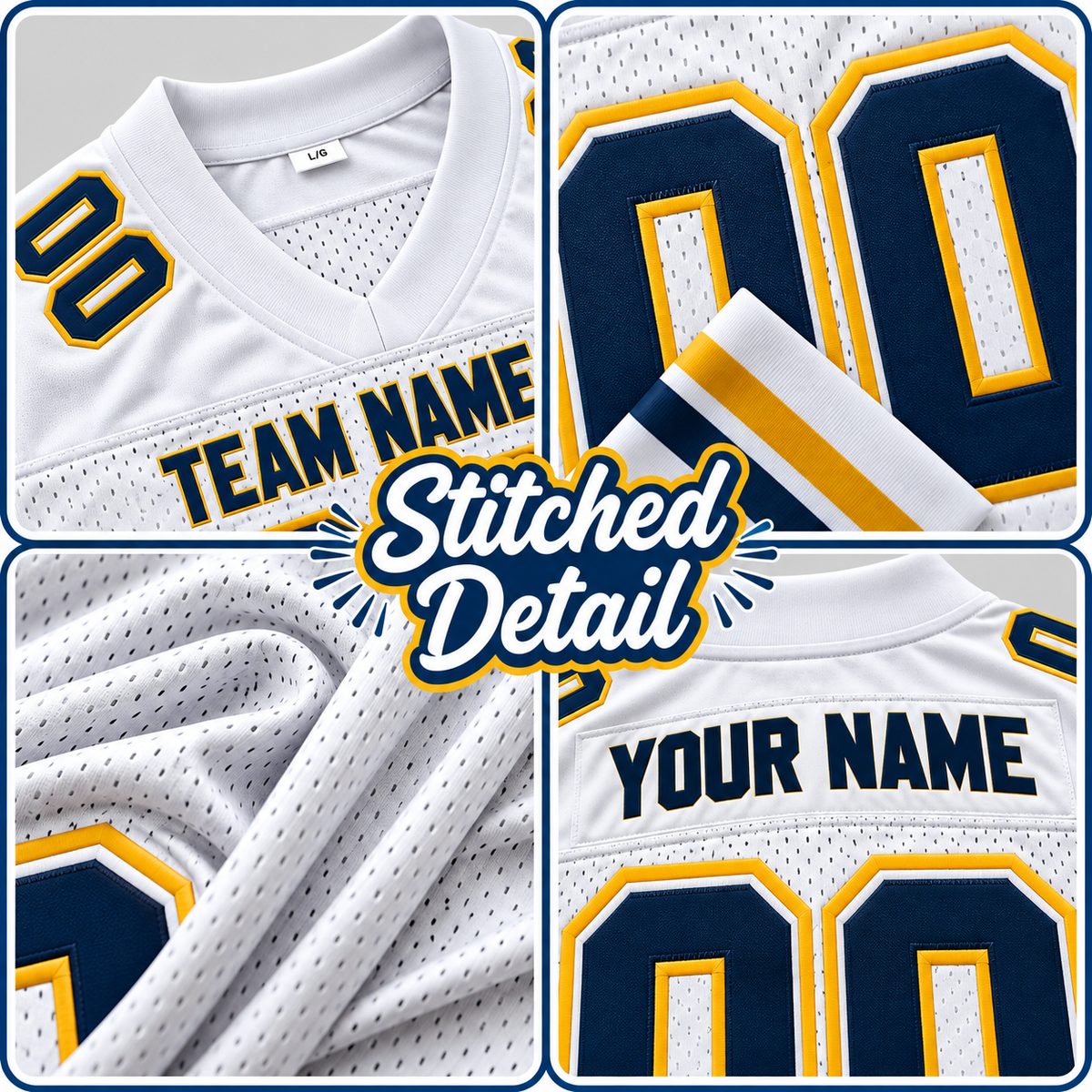 Custom Football Jersey with Name & Number – White Navy Gold