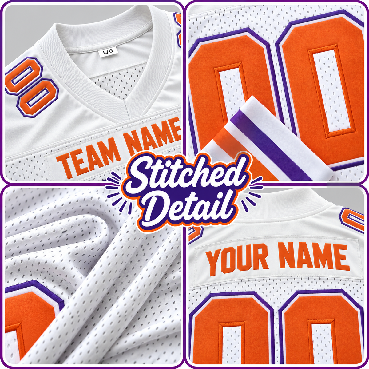 Custom Football Jersey with Name & Number – White Orange Purple