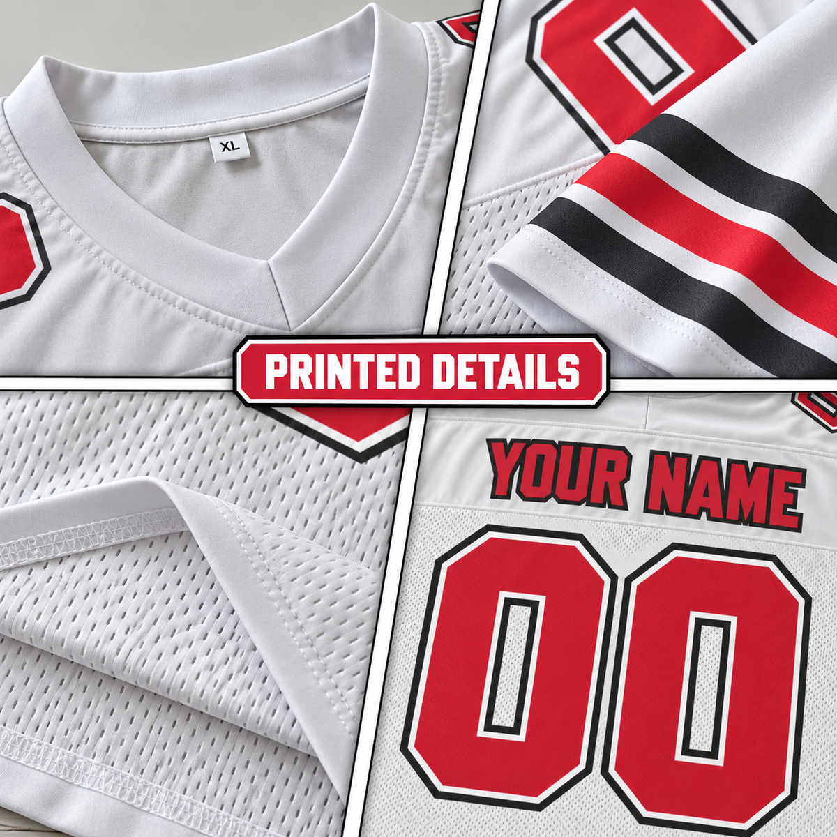 Custom Football Jersey with Name & Number – White Red Black