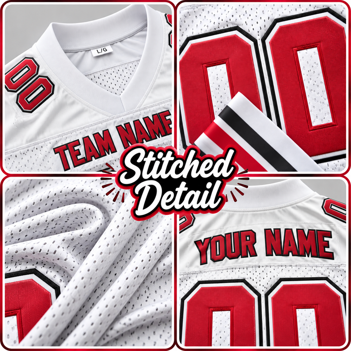 Custom Football Jersey with Name & Number – White Red Black